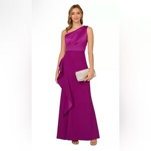 ADRIANNA PAPELL One-Shoulder Satin-Trim Draped Gown Size 8 Color WILD ORCHID